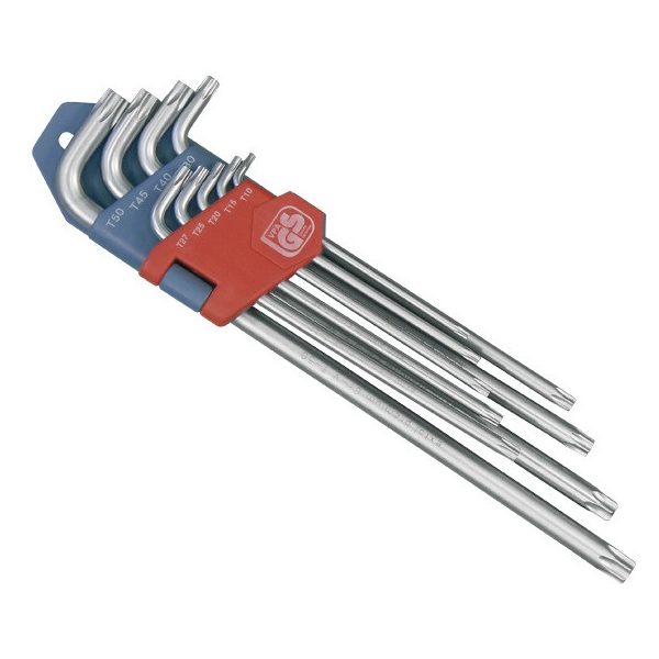 EXTOL PREMIUM torx kulcs klt. 9db, extra hosszú; T10-T50, hosszú szár: tömör, rövid szár: lyukas, CV., 90-225mm