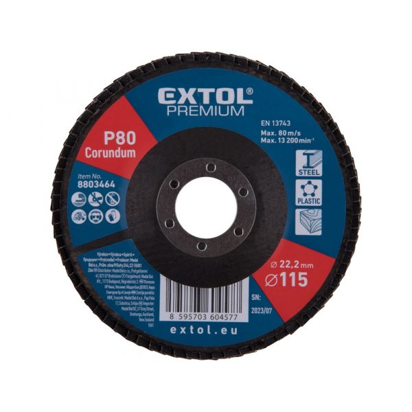 EXTOL PREMIUM lamellás csiszoló acél, Alu, műa. és fa munkadarabok csiszolására, 115×22mm; P40, kúpos, max.:13.200 ford./perc, EN13743 8803462