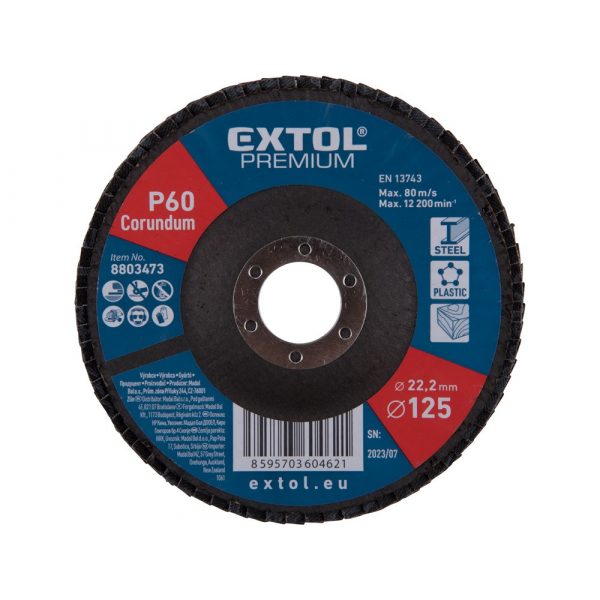 EXTOL PREMIUM lamellás csiszoló acél, Alu, műa. és fa munkadarabok csiszolására, 125×22mm; P60, kúpos, max.:12.300 ford./perc, EN13743 8803473