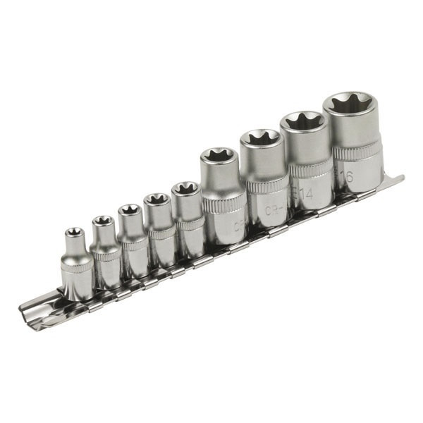 EXTOL PREMIUM dugófej klt., E-TORX; 1/4"×5db (E5-E6-E7-E8-E10), 1/2"×4db, (E12-E14-E16-E18), tartó sínen 8818114