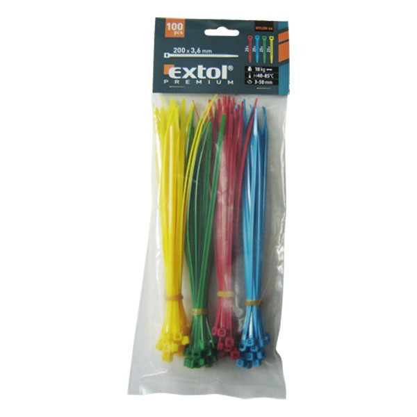 EXTOL PREMIUM kábelkötegelő 3,6×200mm 100db, 4 színű (piros, kék, sárga, zöld), nylon; 8856196