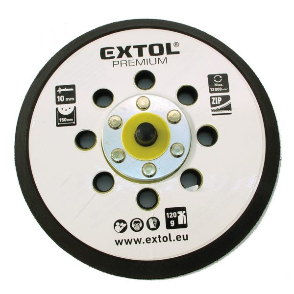 EXTOL PREMIUM tartalék gumi talp 8865038 rotációs csiszológéphez, 6"/150mm, 8 db lyuk, tépőzáras, max. 12.000/perc, vastagság: 10mm 8865038A